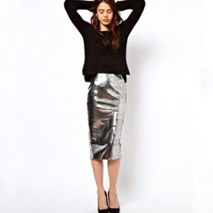Asos Silver Leather Midi Skirt Size 4 Metallic Going Out Date Cocktail Party